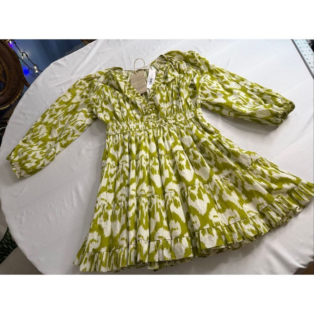 Charina Sarte Green Patterned Winds Long Sleeve V Neck Mini Dress Size Large